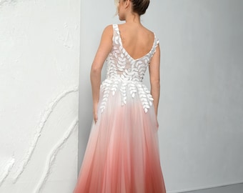 Ombre vow renewal dress with 3d floral lace bodice and tulle skirt. Romantic bridal gown