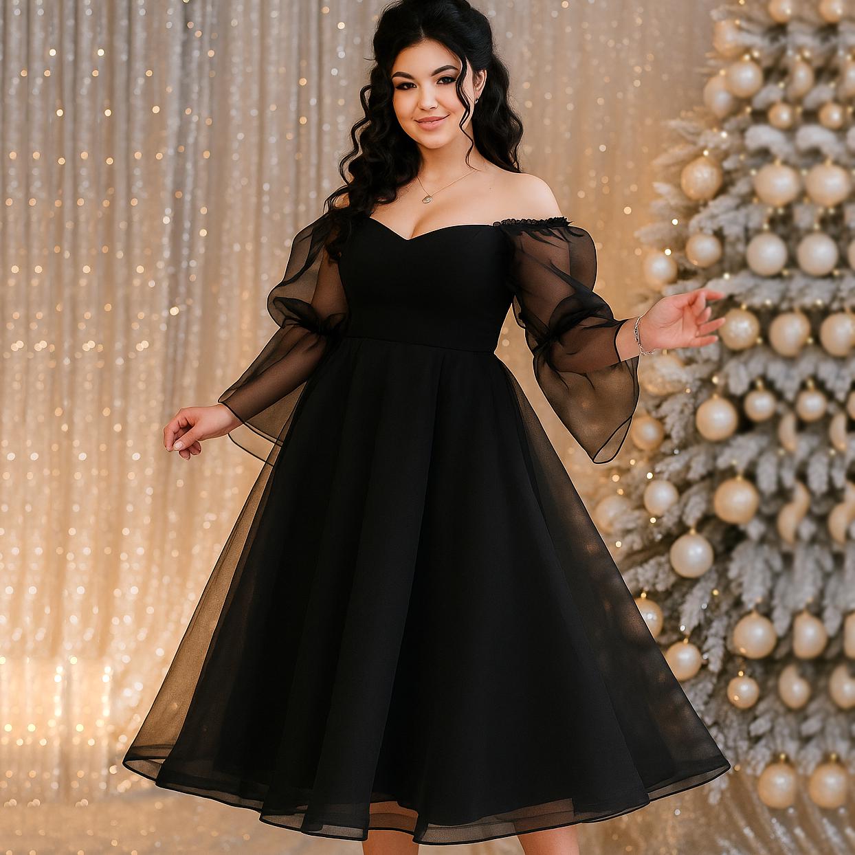 Ethereal Corset Tea Length Organza Dress. Unique Off-shoulder Gown