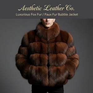 Könnte beinhalten: Braune Kunstfell-Blasenjacke mit großem Kragen. Die Jacke hat ein strukturiertes Aussehen und besteht aus mehreren rechteckigen Paneelen. Der Text "Aesthetic Leather Co." und "Luxurious Fox Fur / Faux Fur Bubble Jacket" steht oben.