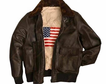 Chaqueta bomber de cuero estilo aviador vintage para hombre con forro de bandera estadounidense y cuello de piel de oveja.