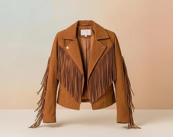 Bruin suède damesjack met franje – handgemaakte western boho-festivaljas