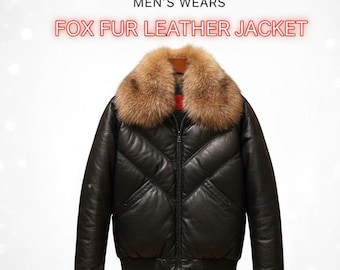 Men’s Black Leather Puffer Bomber Jacket – Real Fox Fur Collar