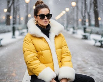Sheepskin Leather Puffer Jacket: Genuine Shearling Fur Collar Winter Coat