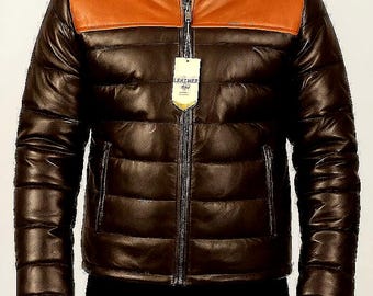 Chaqueta acolchada de piel de cordero hecha a mano: abrigo bomber acolchado de invierno para hombre