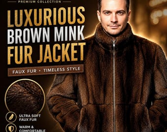 Men's Brown Mink Fur Bomber Jacket – Ultra Soft Faux Fur, Timeless Style