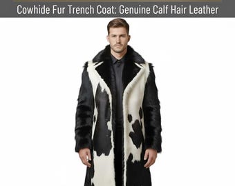 Mens Cowhide Fur Trench Coat, Genuine Calf Hair Leather Overcoat.