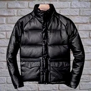 Könnte beinhalten: Schwarze Steppjacke mit hohem Kragen und zwei Vordertaschen. Die Jacke ist aus glänzendem Material gefertigt und hat ein gestepptes Design. Die Jacke wird vor einer Backsteinmauer präsentiert.