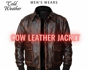 Chaqueta bomber de aviador A-2 de piel de vaca auténtica para hombre – Marrón desgastado