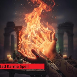 May include: An artistic image of hands cupping a fiery blaze, with rings and tattoos. The text "Bad Karma Spell" is displayed on a red banner at the bottom. The background features candles and bottles.