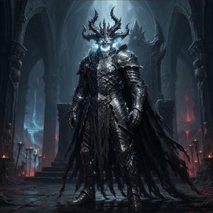 May include: A dark, armored figure stands in a stone hall. The entity wears intricate, blackened metal plate armor and a horned skull-like helmet with glowing blue light. A tattered, flowing black cape hangs from the shoulders.