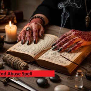 Könnte beinhalten: Ein offenes, gealtertes Buch mit handschriftlichem Text und Illustrationen. Eine brennende Kerze, ein Kräuterbündel und andere rituelle Gegenstände umgeben das Buch. Der Text "End Abuse Spell" wird auf einem roten Banner angezeigt.