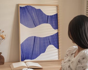 Lámina abstracta azul cobalto, arte ondulado en papel texturizado, decoración de pared moderna (descarga digital)