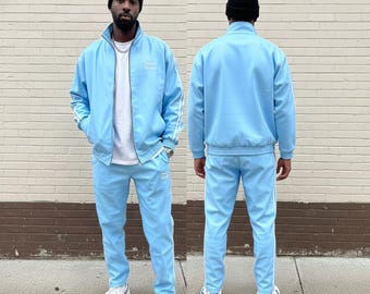 Herrträningsoverall i fårskinnsläder: himmelsblå och vitrandig träningsoverall