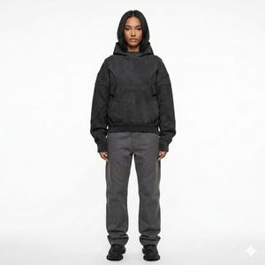 May include: A person wearing a dark gray hoodie with a front pocket and matching gray pants. The hoodie has a unique design with seams and a hood. The pants are straight-legged and the person is wearing black shoes.
