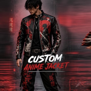 May include: A black leather jacket featuring a red circular graphic, white splatter patterns, and Japanese kanji characters. The jacket has a stand-up collar, a front zip closure, and long sleeves with intricate red and white printed designs.