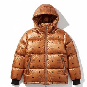 MCM cognac gewatteerd jack met monogram bontkraag, uniseks handgemaakt Stussy pufferjack |  Streetwear-jas | Warme wintermode-bovenkleding