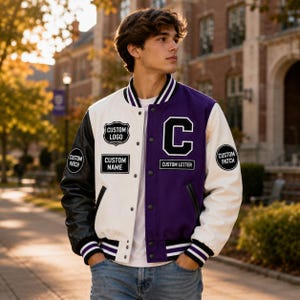 Individuell gestaltete Collegejacke: Personalisierte Letterman-Bomberjacke mit individuellem Logo, Namen und Aufnähern