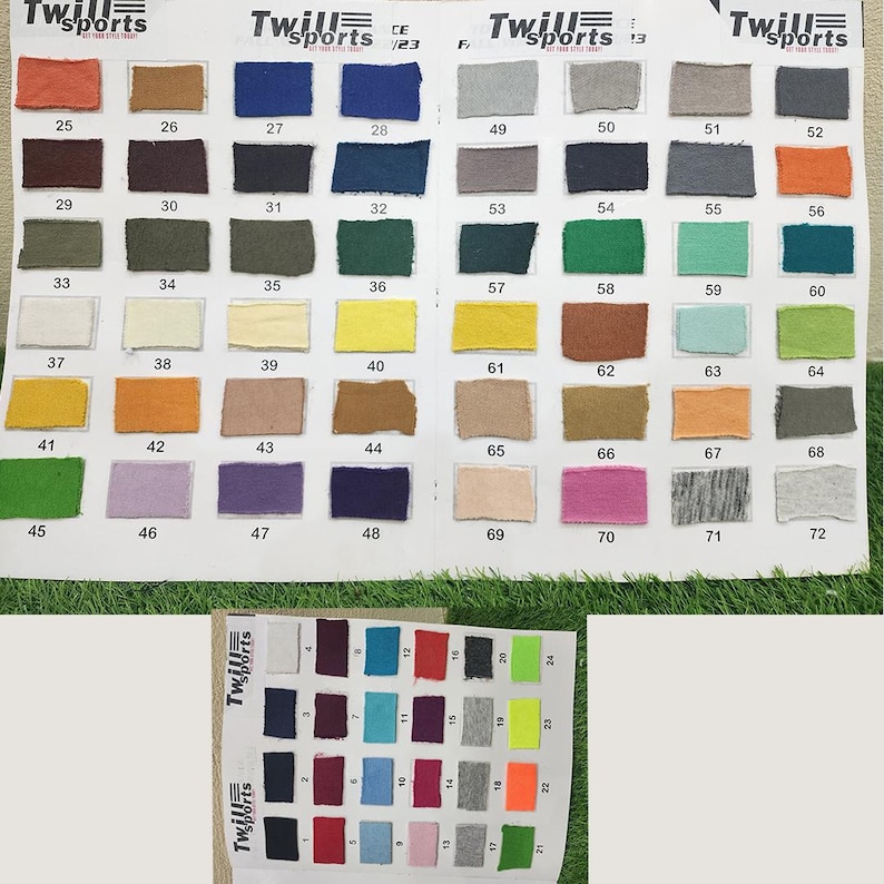 May include: Color swatches from Twill Sports, featuring a wide array of fabric samples in various colors. The samples are arranged in a grid, with each swatch labeled with a number. Colors range from orange and blue to green and purple.