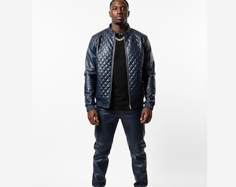 Chándal de piel sintética para hombre: chándal azul y blanco hecho a mano