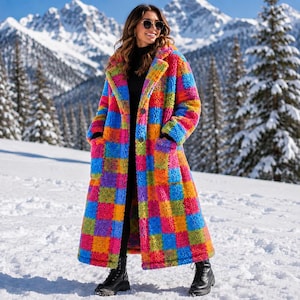 Colorful Patchwork Teddy Coat, Oversized Sherpa Winter Jacket, Festival Statement Outerwear