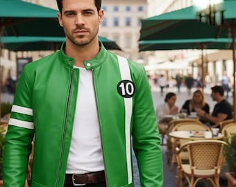 Handgemachte Ben 10 Grüne Lederjacke | Alien Schwarm Cosplay