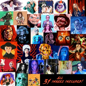 May include: A collage of 31 images featuring various horror movie characters, including Freddy Krueger, Jason Voorhees, Michael Myers, and Chucky. The images are painted in a colorful and stylized manner, with a variety of backgrounds and settings.