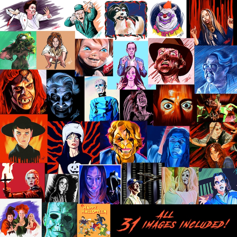 May include: A collage of 31 images featuring various horror movie characters, including Freddy Krueger, Jason Voorhees, Michael Myers, and Chucky. The images are painted in a colorful and stylized manner, with a variety of backgrounds and settings.
