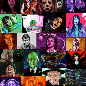 May include: A collage of 25 horror movie characters, each depicted in a colorful, cartoonish style. The characters include Jason Voorhees, Freddy Krueger, Michael Myers, Chucky, and more.