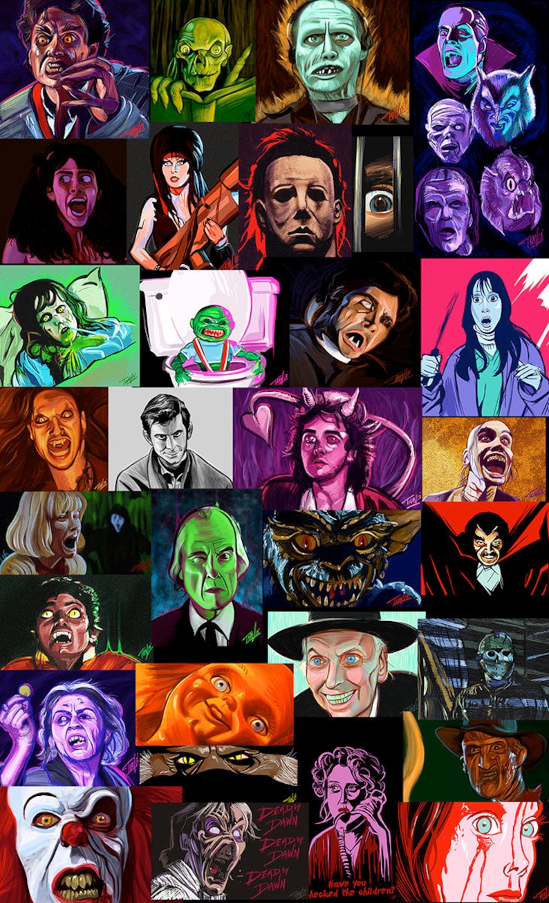 May include: A collage of 25 horror movie characters, each depicted in a colorful, cartoonish style. The characters include Jason Voorhees, Freddy Krueger, Michael Myers, Chucky, and more.