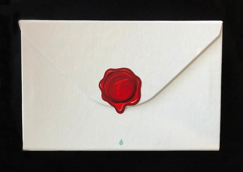 May include: A white envelope with a red wax seal. The seal has the letter "T" embossed in it.