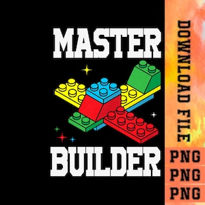 Puede incluir: Gráfico negro con las palabras "MASTER BUILDER" en letras blancas. La imagen presenta una colorida construcción de bloques de juguete en rojo, amarillo, azul y verde, con un diseño de estrella. El lado derecho de la imagen tiene las palabras "DOWNLOAD FILE" en blanco.