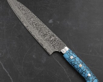 Cuchillo de chef artesanal Raindrop de acero de Damasco con mango de piedra turquesa y funda de cuero / Cuchillo de chef / Cuchillo de chef japonés / Réplica de cuchillo de chef raro