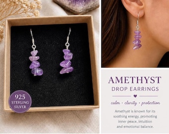Natural Amethyst Sterling Silver Drop Earrings | February Birthstone Healing Crystal Jewellery.  Made in the UK