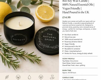 Rosemary Lemon Soy Candle – Refresh Focus Aromatherapy – 8oz Vegan Essential Oil UK