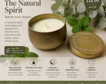 Eucalyptus Peppermint Soy Candle – Focus Aromatherapy, 8oz Vegan Essential Oil, UK Handmade