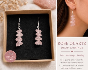 Natural Rose Quartz Drop Earrings | Sterling Silver Handmade Crystal Jewellery