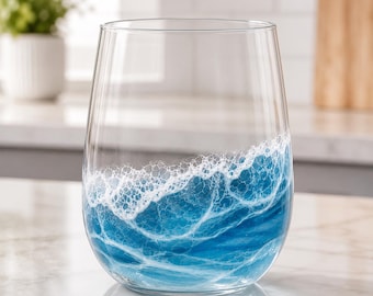 Ocean Wave Resin Stemless Wine Glass – Handmade Coastal Glassware Gift
