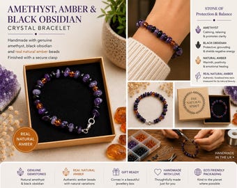 Amethyst, Amber and Black Obsidian Crystal Bracelet – Handmade Protection & Balance Bracelet – Natural Gemstone Jewellery