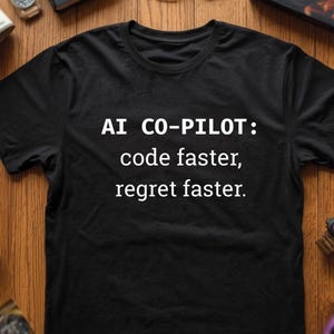 Könnte beinhalten: Schwarzes T-Shirt mit weißem Text: "AI CO-PILOT: code faster, regret faster." Das Shirt besteht aus einem weichen Material und hat einen Rundhalsausschnitt.