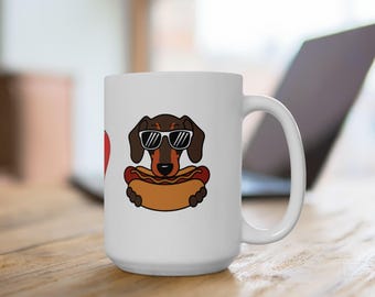Dachshund Ceramic Coffee Mug: Sausage Dog with Hotdog