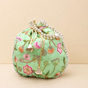 Mint Green Floral Embroidered Potli Bag, Pearl Handle Clutch, Wedding Party Favor Bag