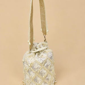 Pearl Beaded Bucket Bag, Bridal Drawstring Purse, Sequin Wedding Handbag, Geometric Pattern Bag