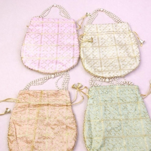 Pastel Silk Potli Bag, Pearl Handle, Hand Embroidered Drawstring Clutch, Bridal Wedding Favor