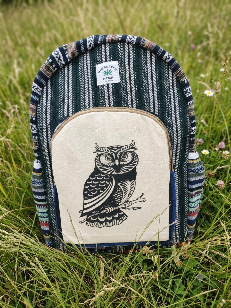 Handmade Owl Hemp Backpack – Tribal Cotton Rucksack, Eco Friendly Daypack