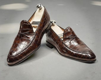 Handgefertigte Braune Krokodilprägung Loafers für Herren | Luxus Italienische Leder Slip-On Schuhe