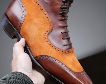 Handmade Two-Tone Brogue Lace-Up Boots