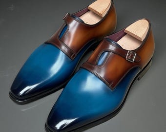Handgefertigte zweifarbige Single Monk Riemchen Schuhe