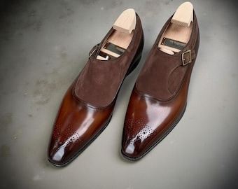 Handmade Two-Tone Brown Leather & Suede Monk Strap Shoes