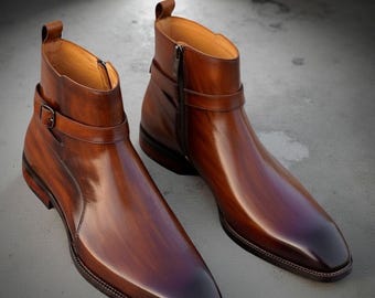 Handmade Brown Patina Leather Jodhpur Boots | Buckle Ankle Dress Boots