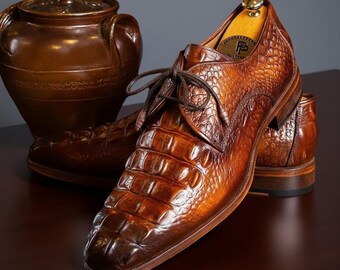 Handmade Crocodile Embossed Leather Derby Shoes | Brown Patina Dress Shoes